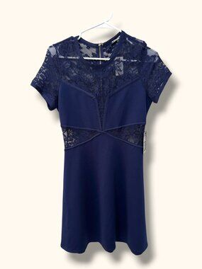 Express Dress Women M Navy Lace Fit Flare Short Sleeve Skater Party Back Zip NWT
